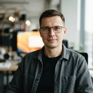 Lukas Stanevičius, svetainių GEO inžinierius, su akiniais biure
